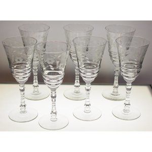 7 Rock Sharpe Halifax Water Goblet Crystal Glass Floral Etch Cut Stem Circa 40s